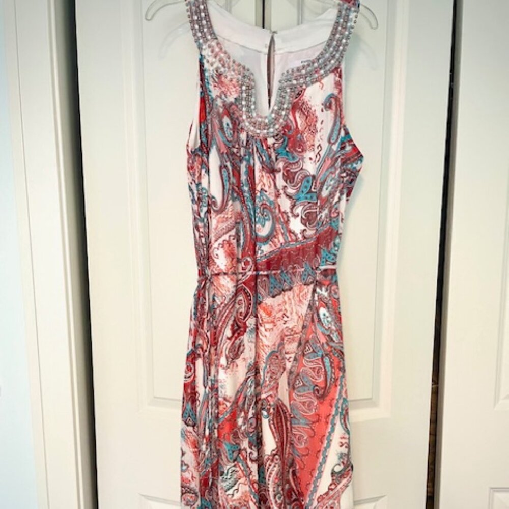 Tangerine/turquoise on white bkgrd faux jewel neckline maxi dress